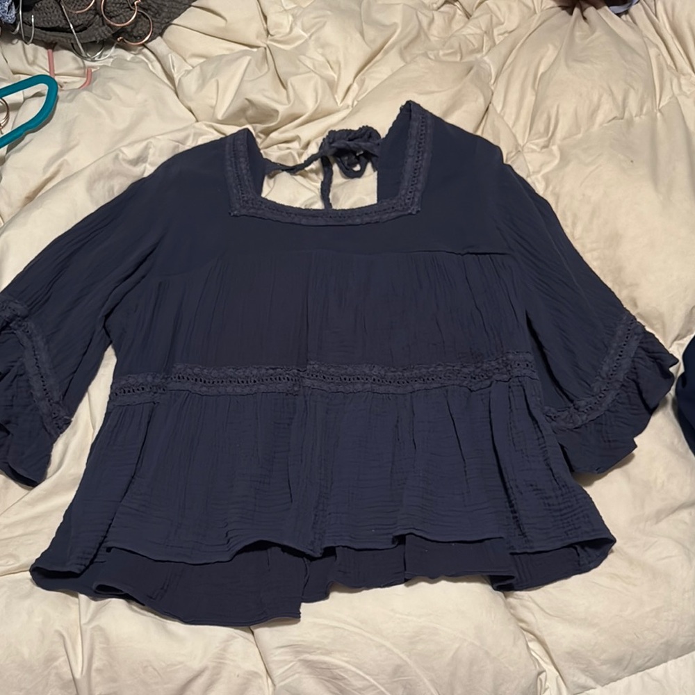 Free People Blue Ruffled Tie Front Bell Sleeve Blouse